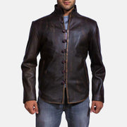 Men's Drakeshire Castanho Blusão de Couro para Homem in Distressed Brown Goatskin Leather - Front Profile View &amp; Tailored Silhouette | Buy Online