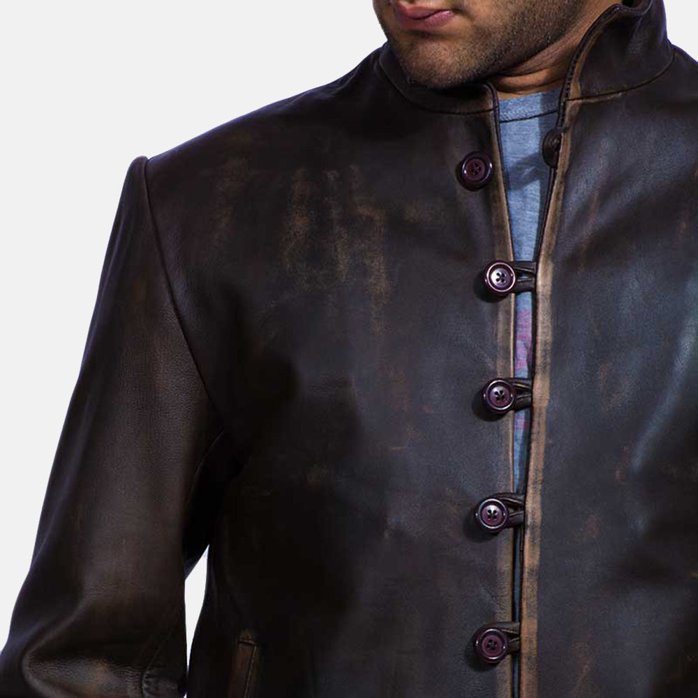 Men's Drakeshire Castanho Blusão de Couro para Homem - Lateral Side Profile View Showing Sleeve Cut &amp; Athletic Taper Fit