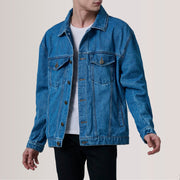 
Eddie Dark Azul Oversized Denim Trucker Jaqueta de Couro para Homem For Men in Dark Blue Full-Grain Leather - Vista frontal e silhueta ajustada | Comprar online