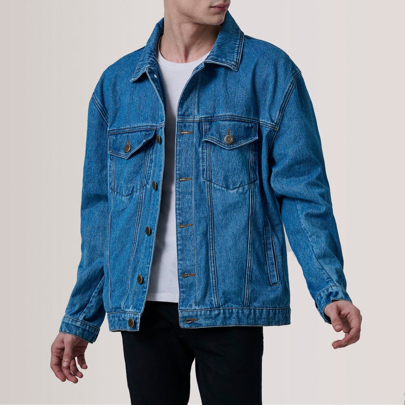 Eddie Dark Azul Oversized Denim Trucker Jaqueta de Couro para Homem