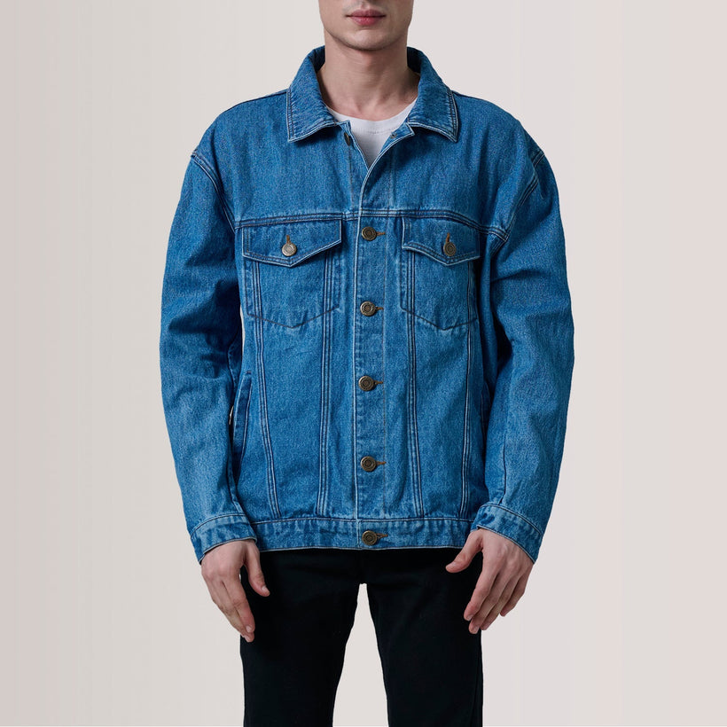Eddie Dark Azul Oversized Denim Trucker Jaqueta de Couro para Homem