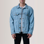 Eddie Light Azul Oversized Denim Trucker Blusão de Couro para Homem For Men in Light Blue Full-Grain Leather - Front Profile View &amp; Tailored Silhouette | Buy Online