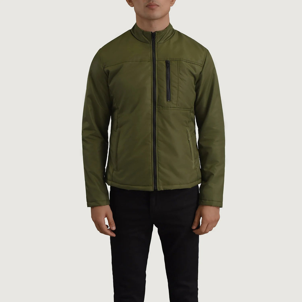 
Vista detalhada of Classic Collar & Zipper Hardware on Elliot Verde Lightweight Jaqueta de Couro para Homem