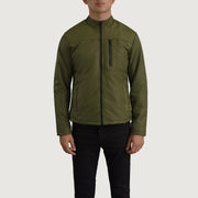 
Vista detalhada of Classic Collar & Zipper Hardware on Elliot Verde Lightweight Jaqueta de Couro para Homem