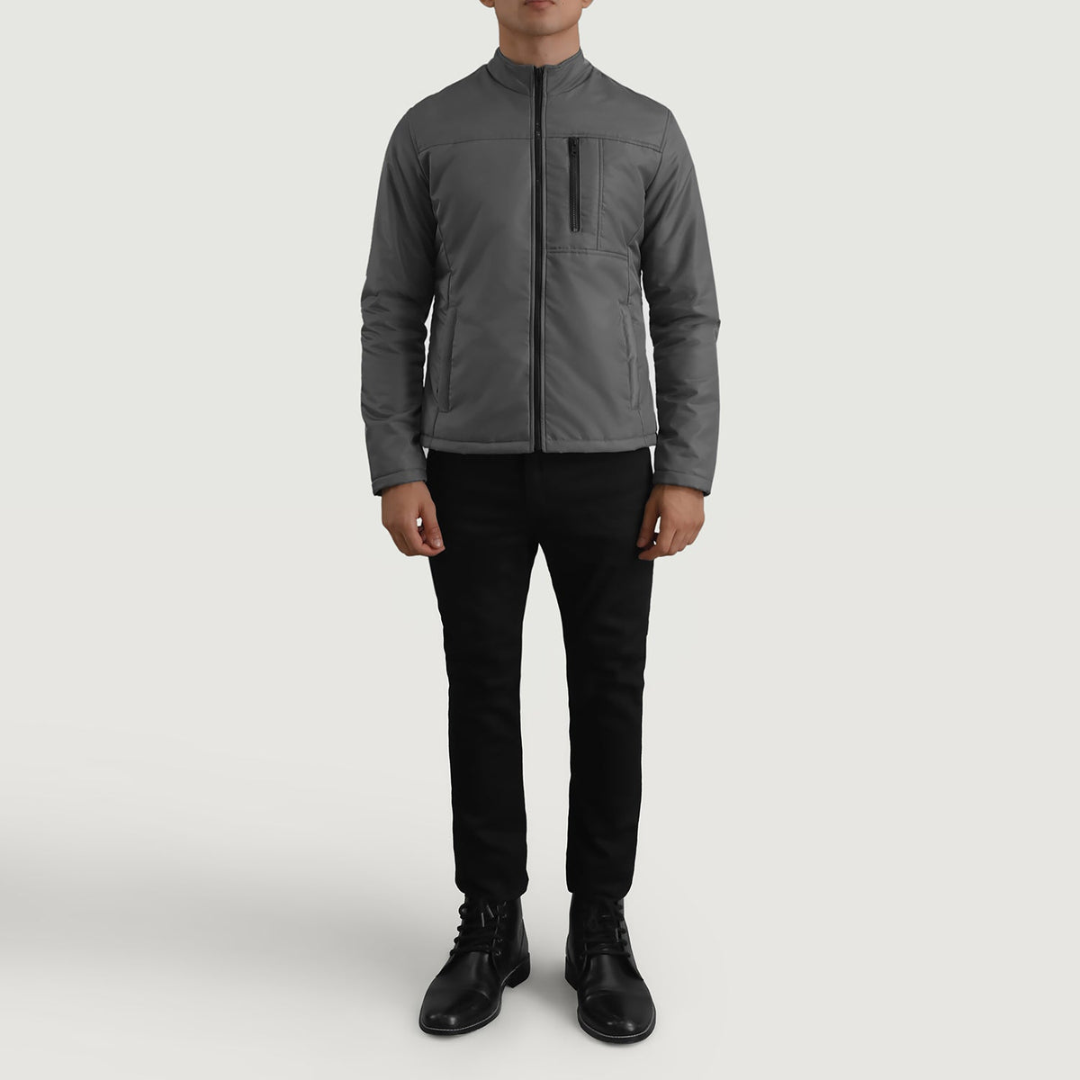 Elliot Grey Lightweight Blusão de Couro para Homem - Lateral Side Profile View Showing Sleeve Cut &amp; Athletic Taper Fit