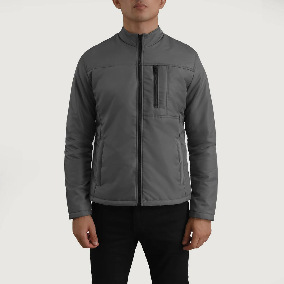 Close-Up Detail of Classic Collar &amp; Zipper Hardware on Elliot Grey Lightweight Blusão de Couro para Homem
