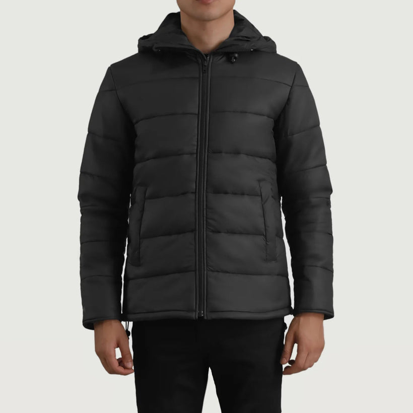 Erico Preto Hooded Puffer Blusão de Couro para Homem