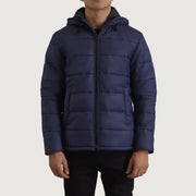 Erico Azul Hooded Puffer Blusão de Couro para Homem in Blue Full-Grain Leather - Front Profile View &amp; Tailored Silhouette | Buy Online