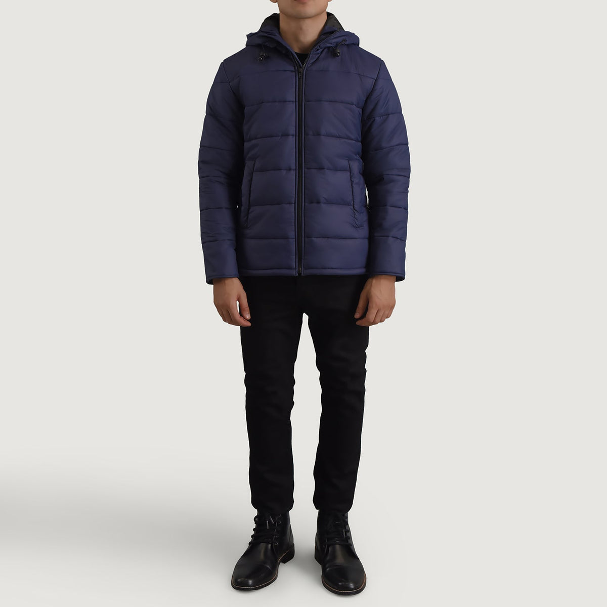 Erico Azul Hooded Puffer Blusão de Couro para Homem - Lateral Side Profile View Showing Sleeve Cut &amp; Athletic Taper Fit