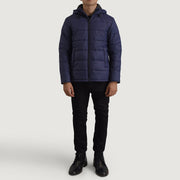Erico Azul Hooded Puffer Blusão de Couro para Homem - Lateral Side Profile View Showing Sleeve Cut &amp; Athletic Taper Fit