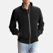 Men's Ethan Hybrid Suede Blusão Bomber de Couro para Homem in Black Goatskin Suede - Front Profile View &amp; Tailored Silhouette | Buy Online