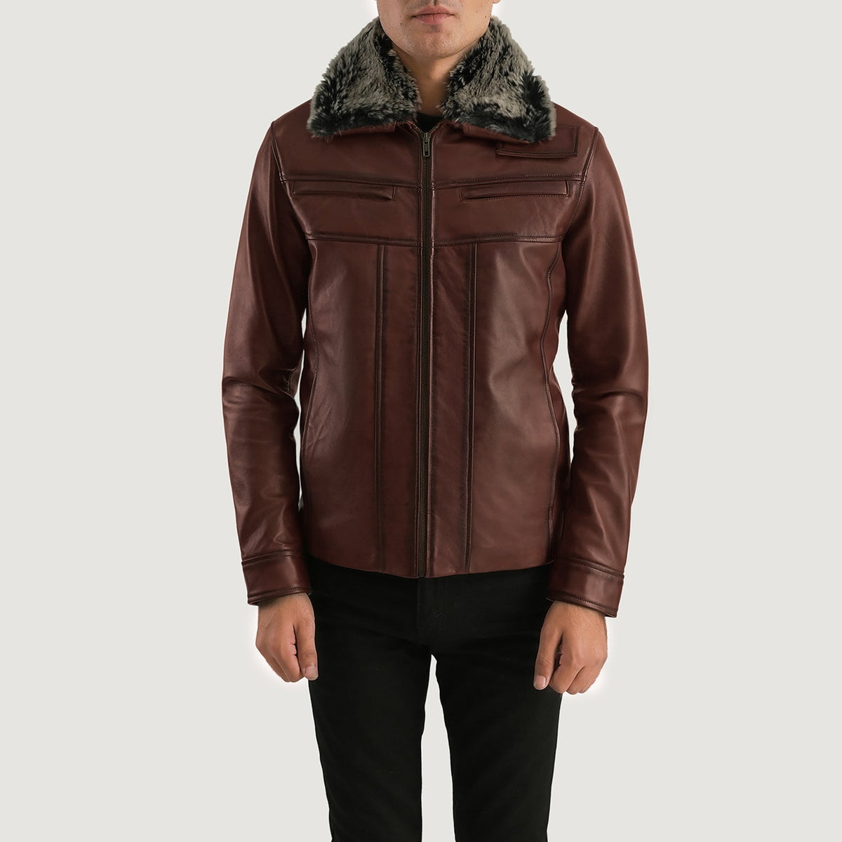 Men's Evan Hart Fur Castanho Blusão de Couro para Homem in Distressed Brown Sheepskin Burnishing - Front Profile View &amp; Tailored Silhouette | Buy Online