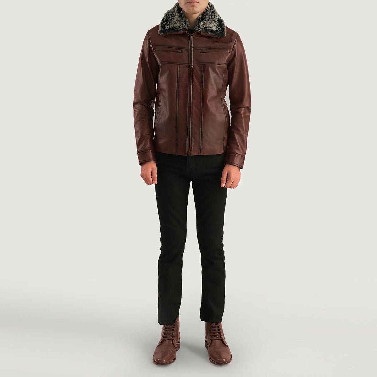 Close-Up Detail of Shirt &amp; Zipper Hardware on Men's Evan Hart Fur Castanho Blusão de Couro para Homem