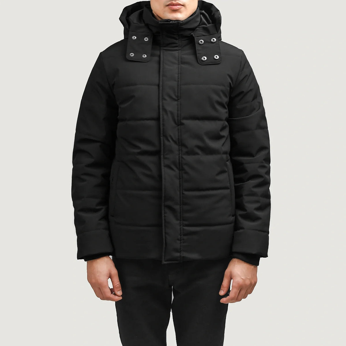 Exton Preto Hooded Down Puffer Blusão de Couro para Homem in Black Full-Grain Leather - Front Profile View &amp; Tailored Silhouette | Buy Online