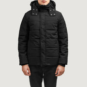 Exton Preto Hooded Down Puffer Blusão de Couro para Homem in Black Full-Grain Leather - Front Profile View &amp; Tailored Silhouette | Buy Online