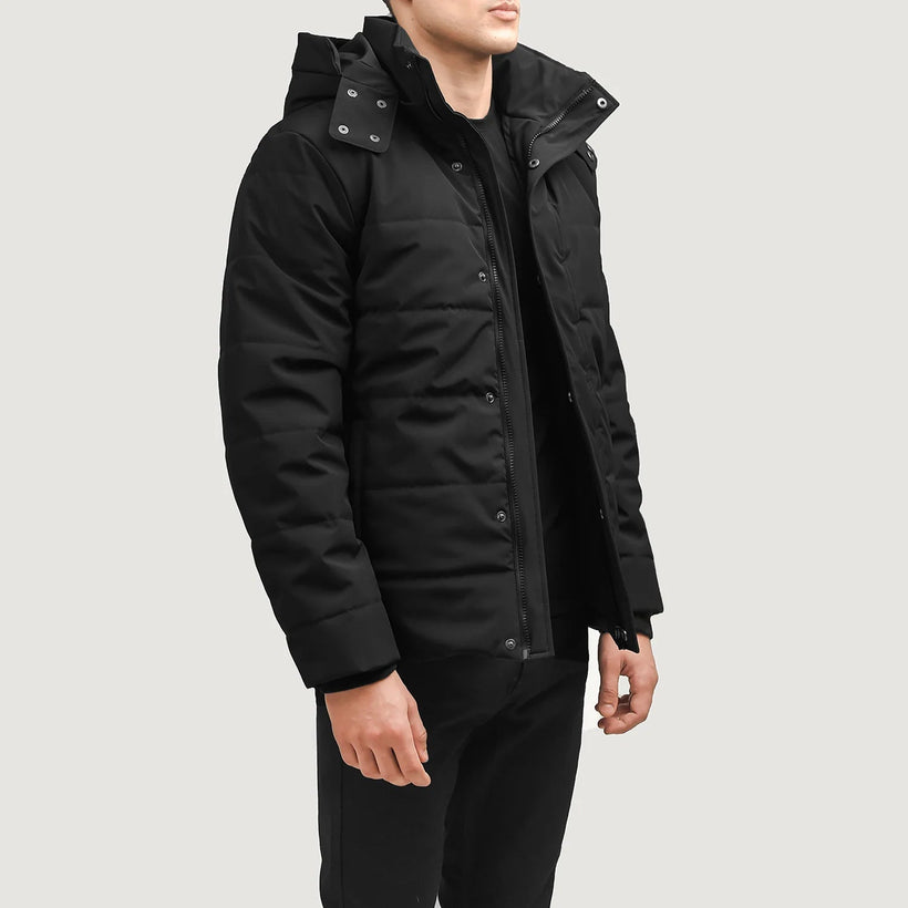 Exton Preto Hooded Down Puffer Blusão de Couro para Homem
