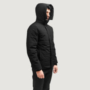 Exton Preto Hooded Down Puffer Blusão de Couro para Homem - Lateral Side Profile View Showing Sleeve Cut &amp; Athletic Taper Fit