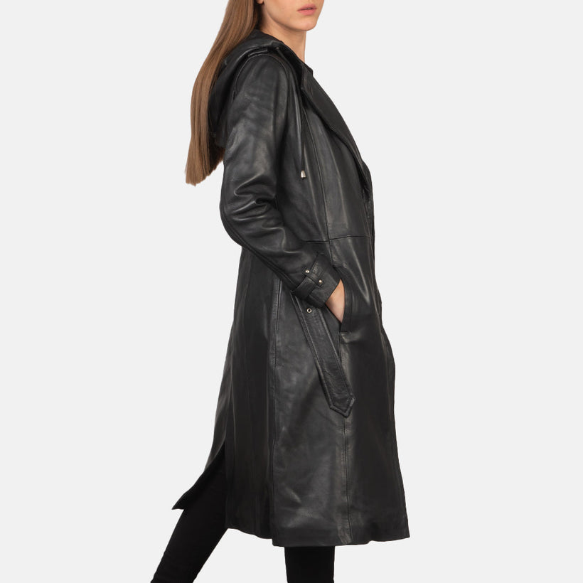 Fixon Hooded Preto Trench Casaco de Couro de Couro para Mulher