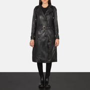 
Fixon Hooded Preto Trench Casaco em Couro em Couro para Mulher - Vista lateral mostrando o corte ergonómico de mangas