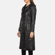 
Vista detalhada of Hooded & Button + Belt Hardware on Fixon Hooded Preto Trench Casaco em Couro em Couro para Mulher