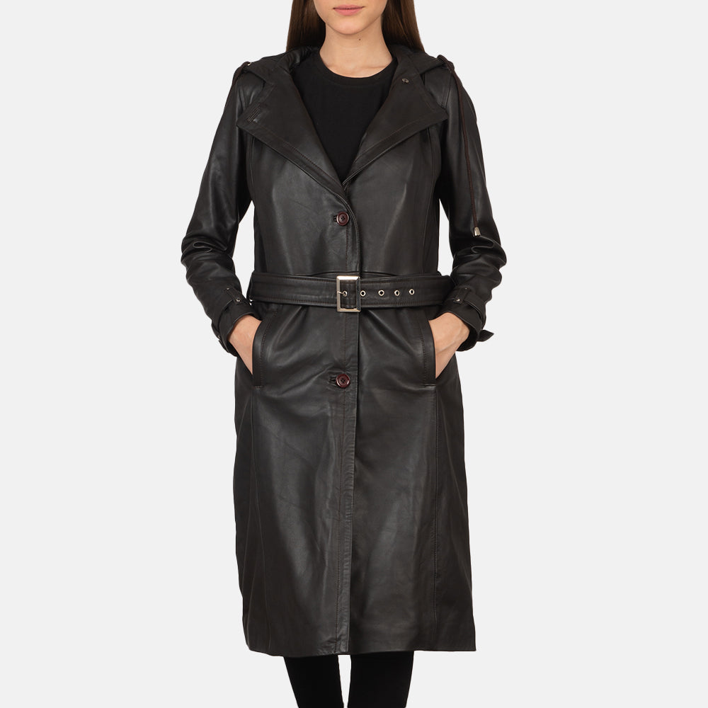 Fixon Hooded Brown Trench Coat in Brown Sheepskin Leather - Vista frontal e silhueta ajustada | Comprar online