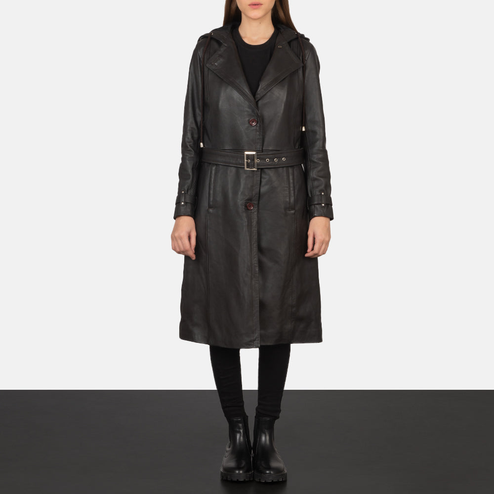 
Fixon Hooded Castanho Trench Casaco em Couro em Couro para Mulher - Vista lateral mostrando o corte ergonómico de mangas