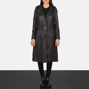 
Fixon Hooded Castanho Trench Casaco em Couro em Couro para Mulher - Vista lateral mostrando o corte ergonómico de mangas