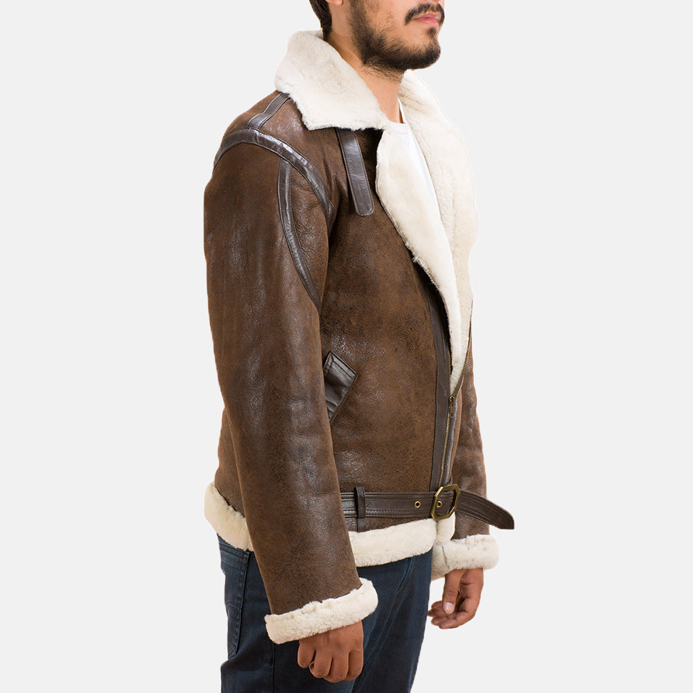 Close-Up Detail of Notch &amp; Zipper with Waist belt Hardware on Men's Forest Double Face Casaco com Carneira para Homem