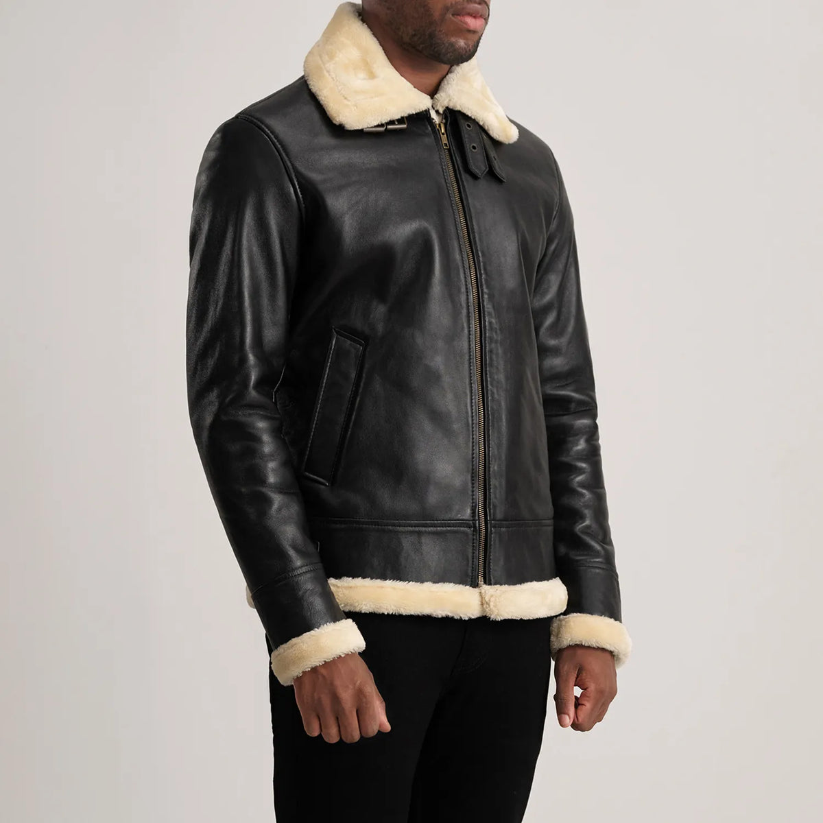 Black Sheepskin Leather Bomber Jacket - Back View Showing Tailored Shoulder Fit &amp; Clean Hemline