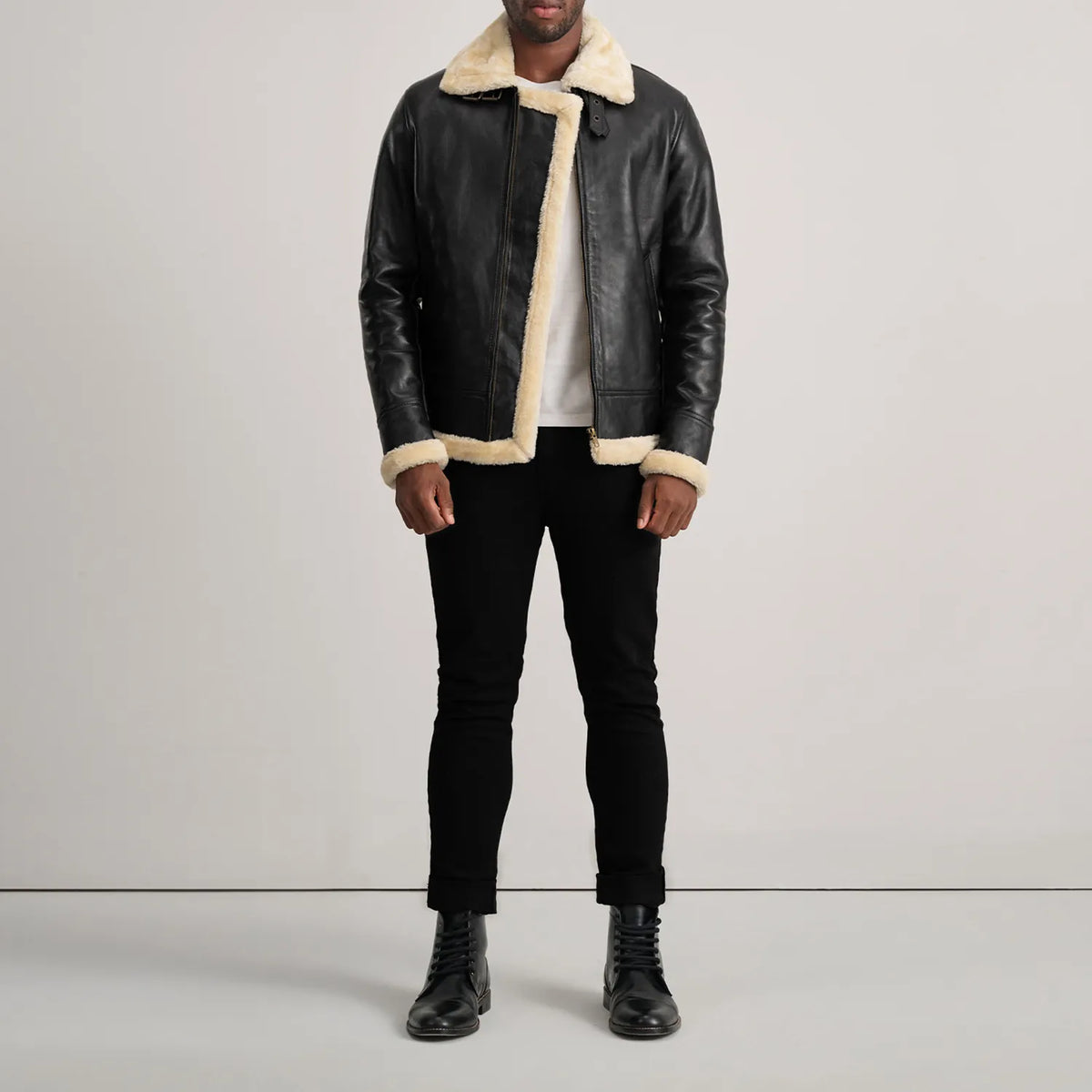Francis B-3 Black Leather Bomber Jacket - Lateral Side Profile View Showing Sleeve Cut &amp; Athletic Taper Fit