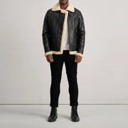 Francis B-3 Black Leather Bomber Jacket - Lateral Side Profile View Showing Sleeve Cut &amp; Athletic Taper Fit