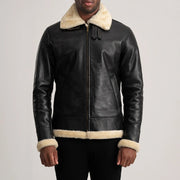 Close-Up Detail of Buckled Collar &amp; Zipper Hardware on Francis B-3 Black Leather Bomber Jacket