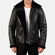 Roll-back Cuffs &amp; Hem Craftsmanship Construction Detail on Francis B-3 Black Leather Bomber Jacket