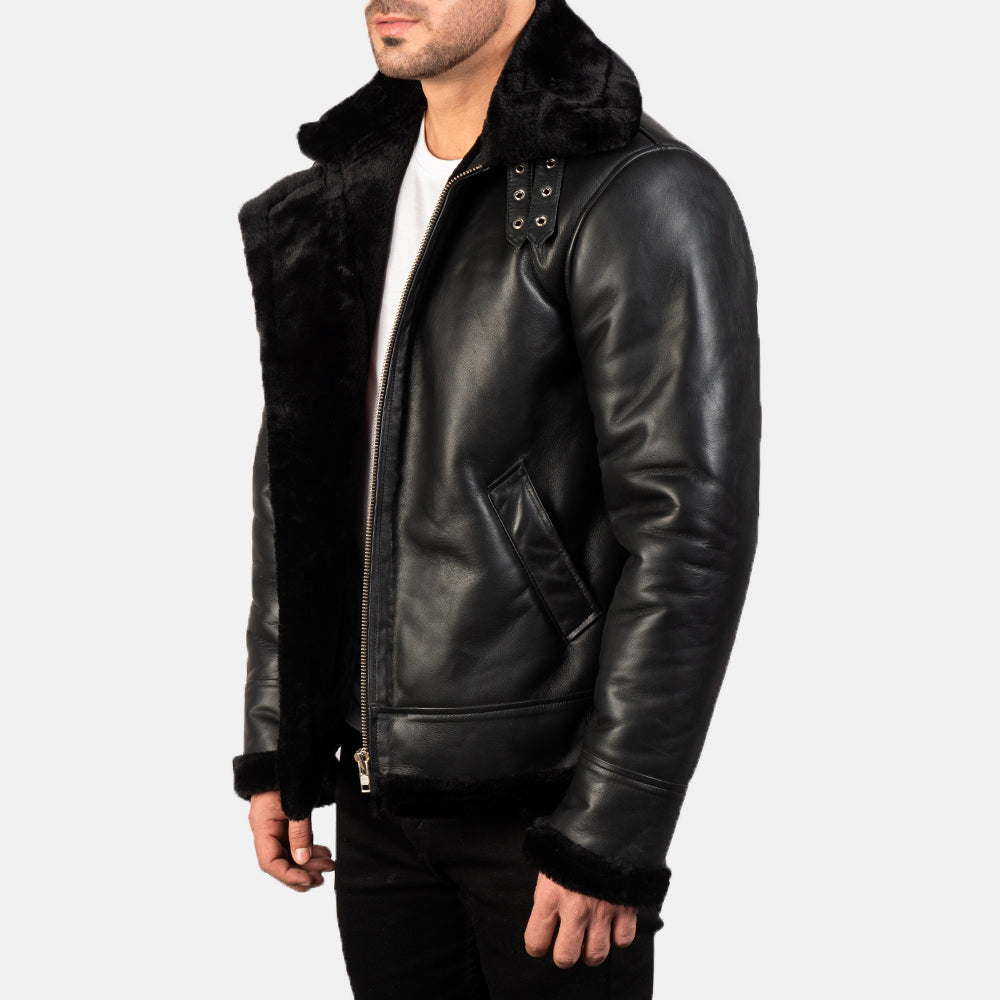 Styled Fit Perspective of Francis B-3 Black Leather Bomber Jacket on Model - Natural Daylight Drape
