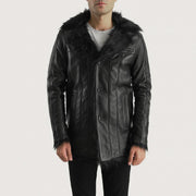 Men's Furcliff Preto Casaco de Couro para Homem in Black Sheepskin Leather - Front Profile View &amp; Tailored Silhouette | Buy Online