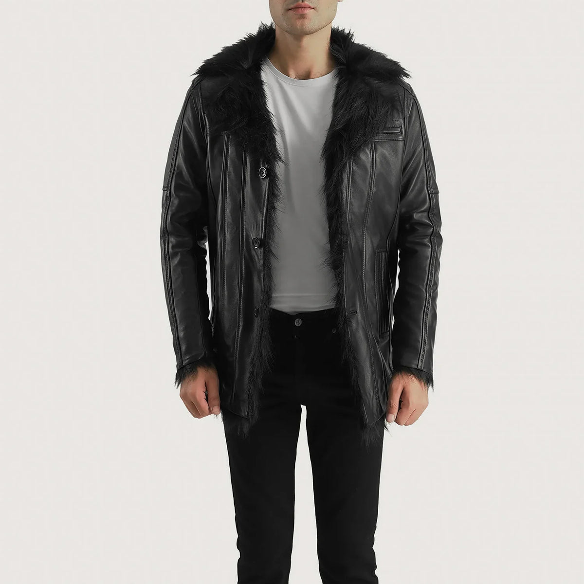 Men's Furcliff Preto Casaco de Couro para Homem - Lateral Side Profile View Showing Sleeve Cut &amp; Athletic Taper Fit