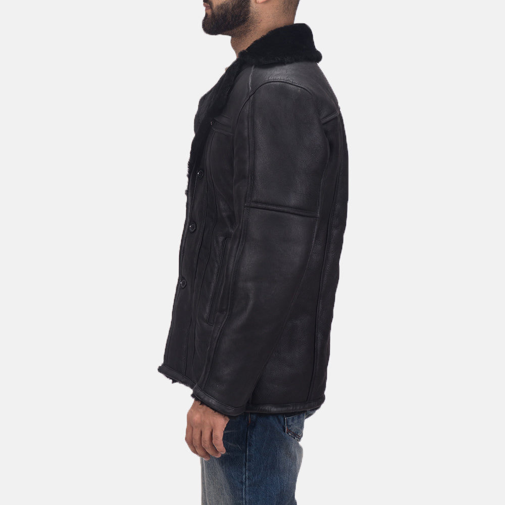 Black Shearling Leather (Double Face) Aviator Jacket - Back View Showing Tailored Shoulder Fit &amp; Clean Hemline