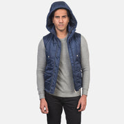 
Vista detalhada of Band with Removable Hood & Zipper with dual puller and wind flap Hardware on Fuston Azul Colete acolchoado com capuz para Homem