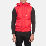 
Vista detalhada of Band with Removable Hood & Zipper with dual puller and wind flap Hardware on Fuston Vermelho Colete acolchoado com capuz para Homem