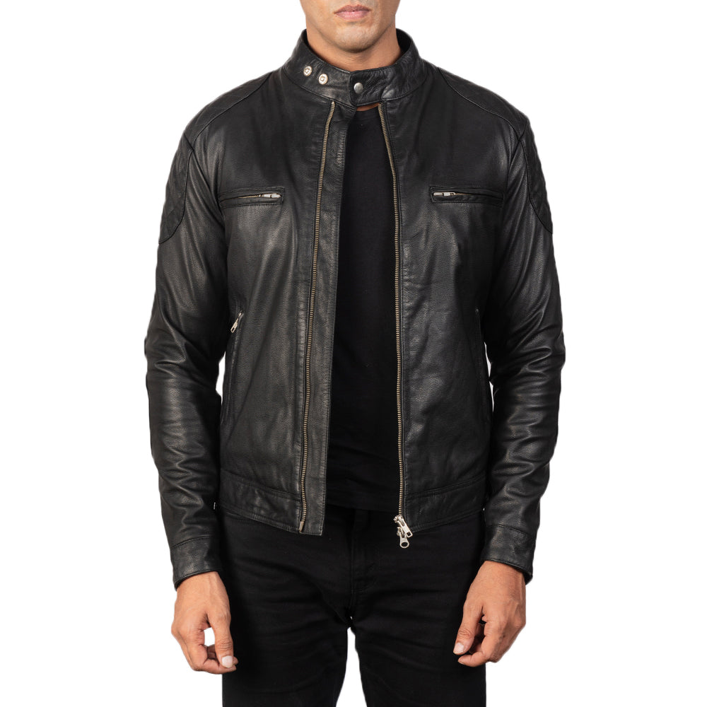 
Gatsby Quilted Black Leather Biker Jacket in Black Goatskin Leather - Vista frontal e silhueta ajustada | Comprar online