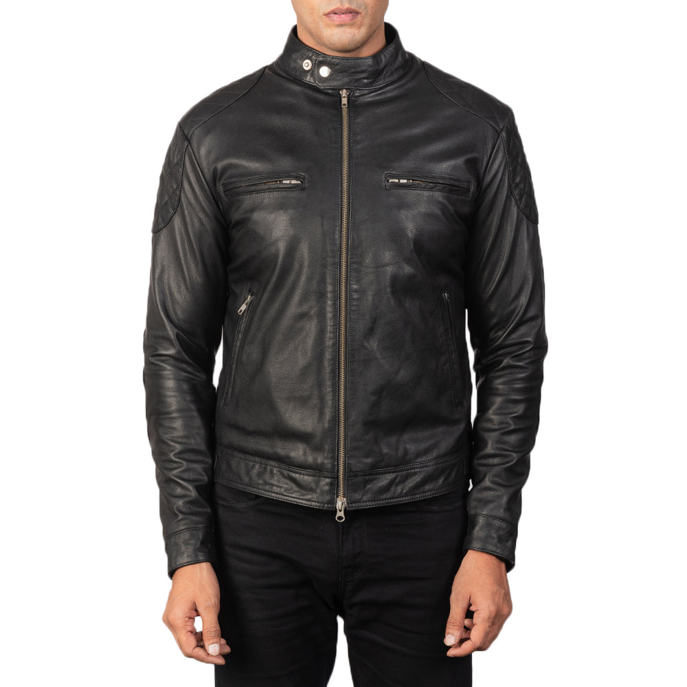 
Vista detalhada of Band with snap buttons & Zipper Hardware on Gatsby Quilted Black Leather Biker Jacket