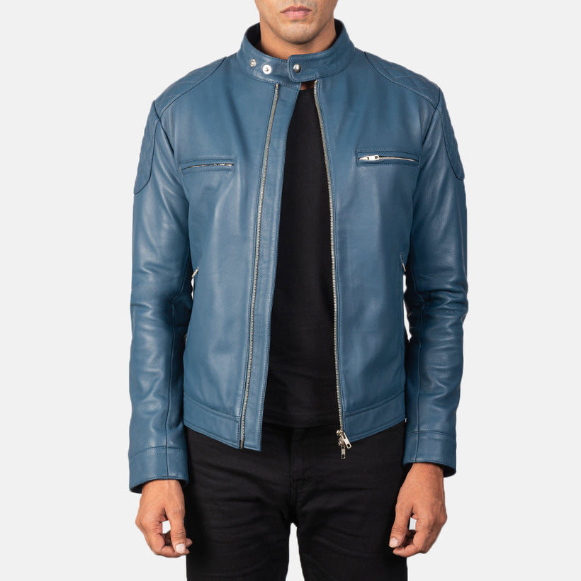 Gatsby Azul Jaqueta Biker de Couro para Homem