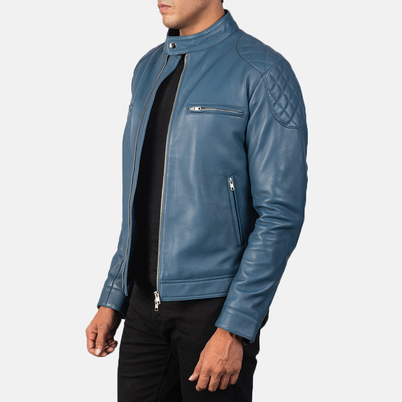 Gatsby Azul Jaqueta Biker de Couro para Homem