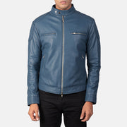 Close-Up Detail of Band with snap buttons &amp; Zipper Hardware on Men's Gatsby Quilted Blue Leather Biker Jacket