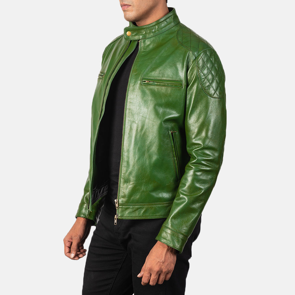 
Green Sheepskin Burnishing Biker Jacket - Vista traseira com ombros definidos e bainha impecável