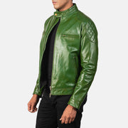 
Green Sheepskin Burnishing Biker Jacket - Vista traseira com ombros definidos e bainha impecável