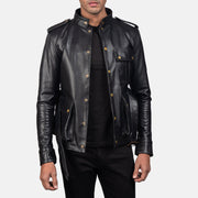 Germain Preto Blusão de Couro para Homem - Lateral Side Profile View Showing Sleeve Cut &amp; Athletic Taper Fit
