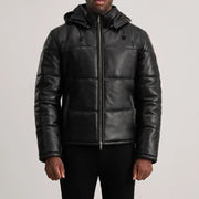 
Vista detalhada of High neck & Zipper Hardware on Gordon Tan Hooded Leather Puffer Jacket