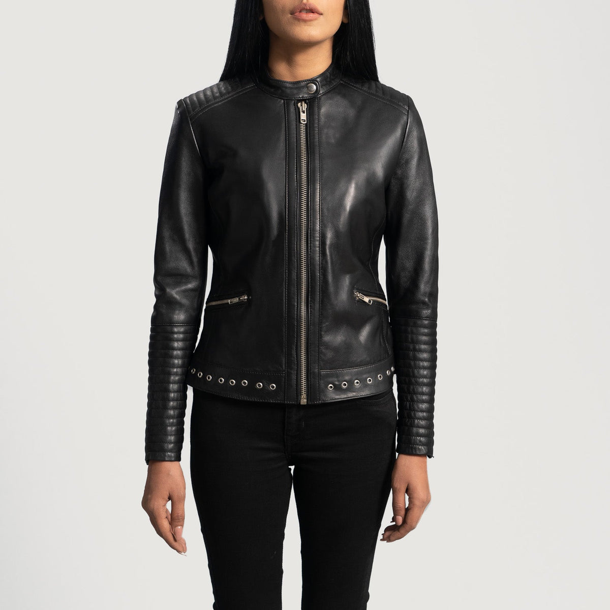 Women's Haley Ray Preto Blusão Biker de Couro para Mulher in Black Sheepskin Leather - Front Profile View &amp; Tailored Silhouette | Buy Online