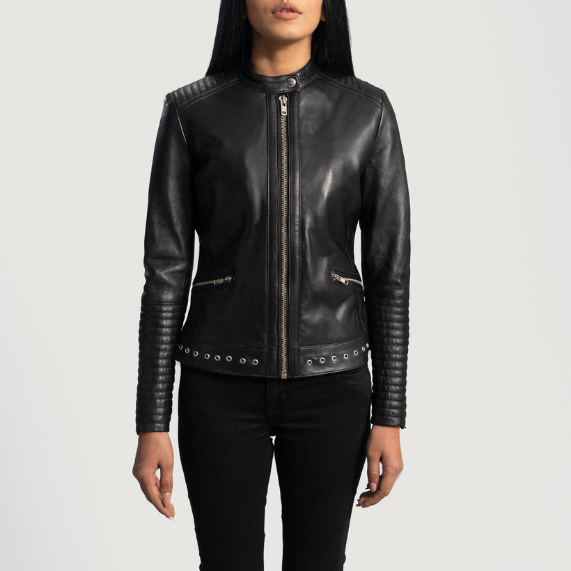 Haley Ray Preto Jaqueta Biker de Couro para Mulher